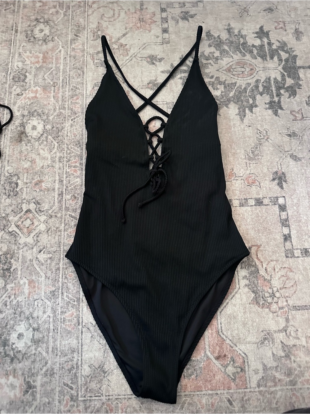 Cupshe Black Ribbed Lace-Up Deep V One-Piece Swimsuit